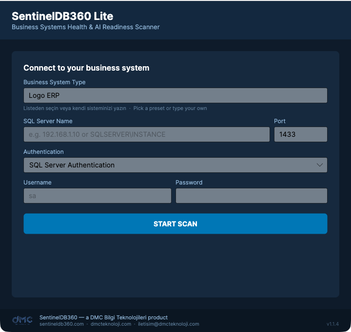 SentinelDB360 Lite bağlantı ekranı / connection screen