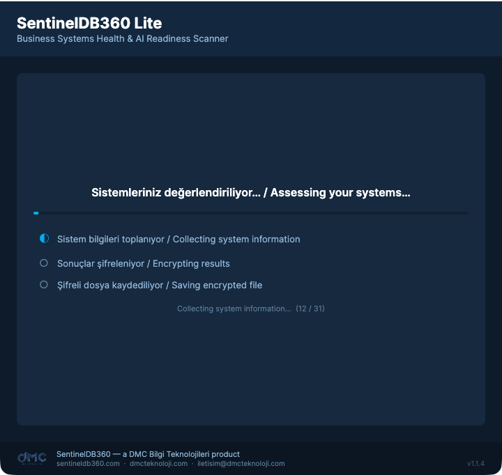 SentinelDB360 Lite tarama ilerlemesi / scan progress