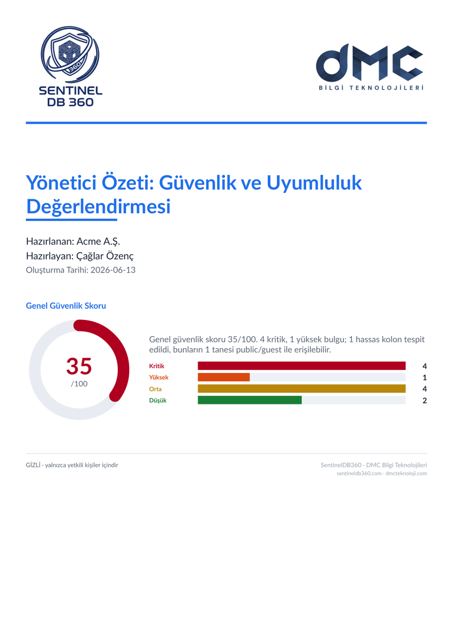 SentinelDB360 Yönetici Özeti report cover (Turkish)