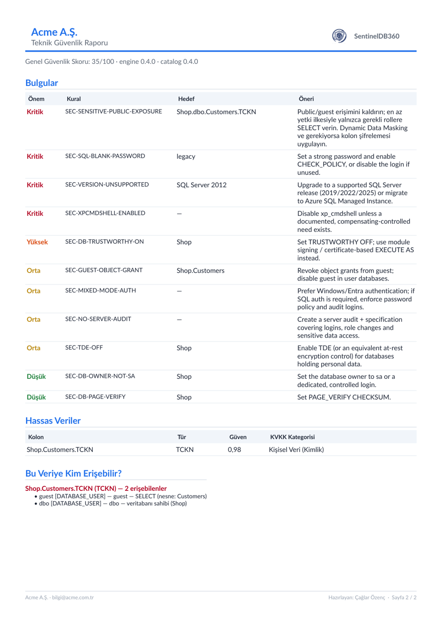 SentinelDB360 Teknik güvenlik raporu, bulgular ve öneriler